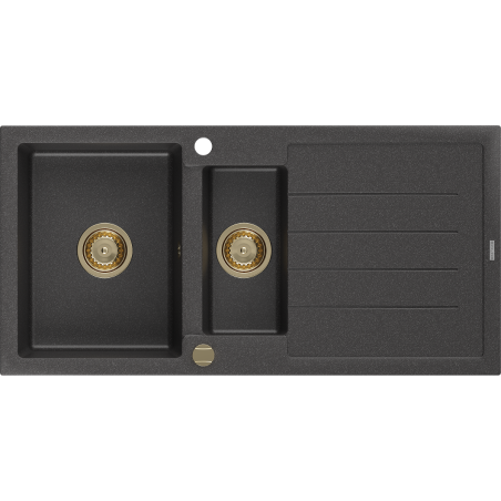 Mexen Andres Granitspüle 1,5-becken mit Abtropffläche 1000 x 500 mm schwarz gesprenkelt, goldener Siphon - 6515101510-76-G