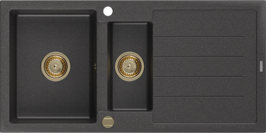 Mexen Andres granieten spoelbak 1,5-komorige met afdruiprek 1000 x 500 mm zwart gespikkeld, gouden sifon - 6515101510-76-G