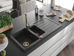 Mexen Andres Granitspüle 1,5-becken mit Abtropffläche 1000 x 500 mm schwarz gesprenkelt, goldener Siphon - 6515101510-76-G