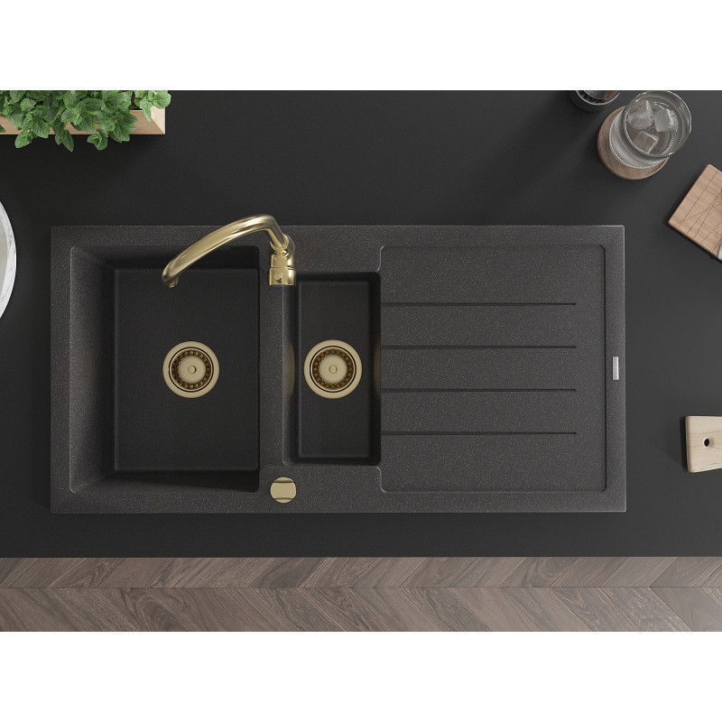 Mexen Andres Granitspüle 1,5-becken mit Abtropffläche 1000 x 500 mm schwarz gesprenkelt, goldener Siphon - 6515101510-76-G