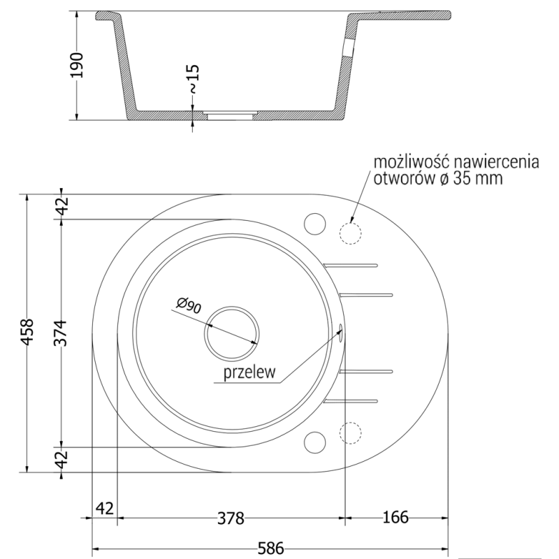 Mexen Kevin zlewozmywak granitowy 1-komorowy z ociekaczem 586 x 458 mm, beżowy, syfon złoty - 6517581005-69-G