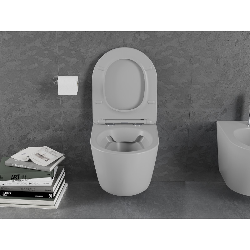 Mexen Lena rimloze wc-pot met slim, zacht sluitend duroplast toiletzitting, lichtgrijs mat - 30224061