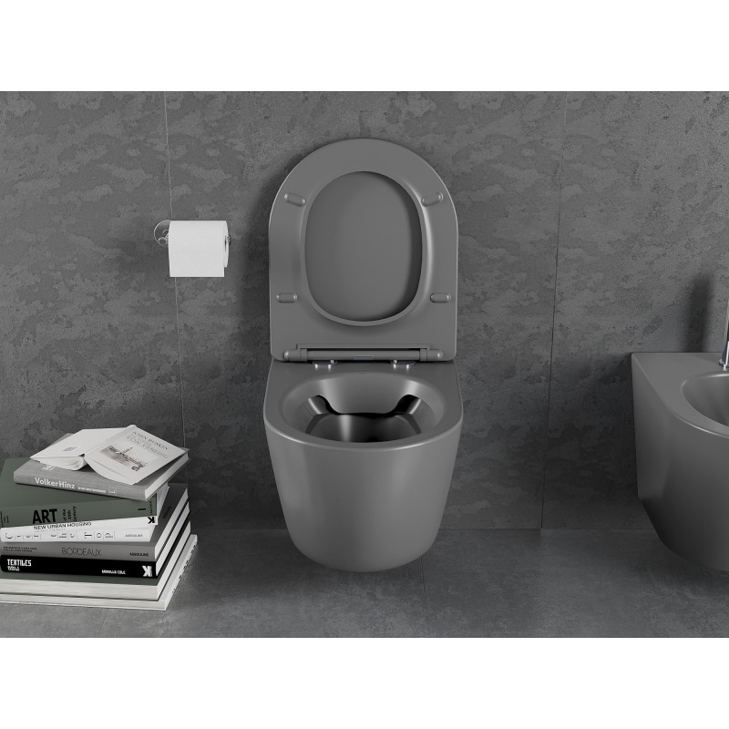 Mexen Lena inodoro Rimless con asiento de cierre suave slim, duroplast, gris oscuro mate - 30224071