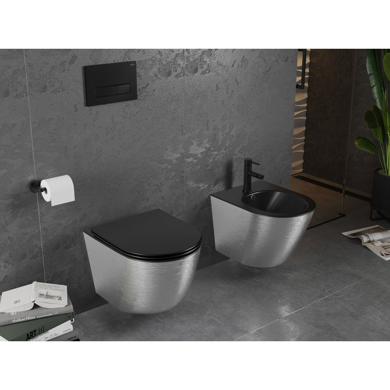 Mexen Lena WC senza bordo con sedile a chiusura rallentata slim, duroplast, nero opaco/motivo linee argento - 30224073