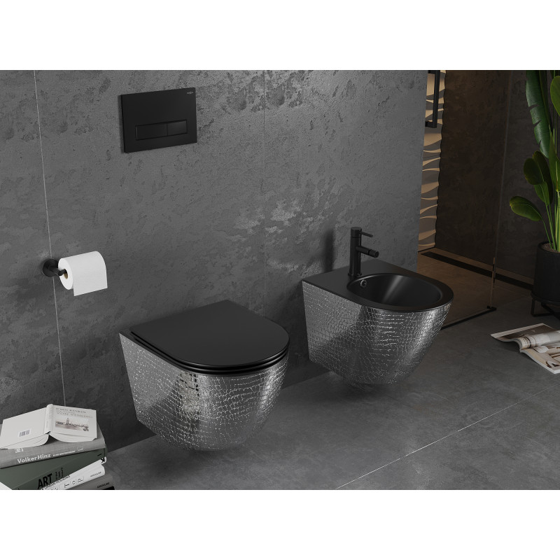 Mexen Lena cuvette WC sans rebord avec abattant à descente lente slim, duroplast, noir mat/argent motif écailles - 30224072