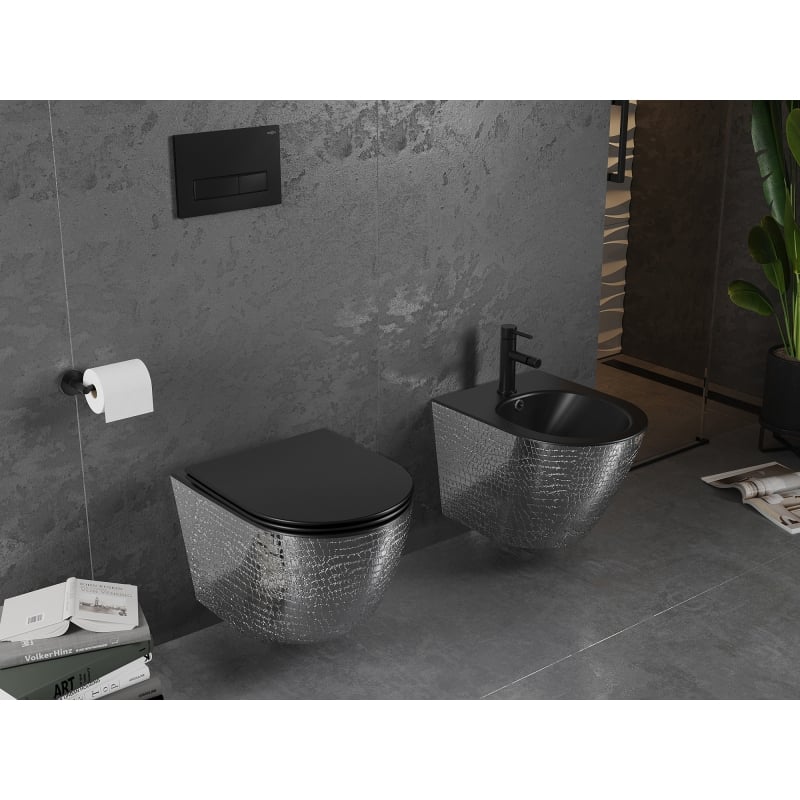 Mexen Lena Rimless WC bowl with slow-close slim seat, duroplast, black matte/silver scale pattern - 30224072