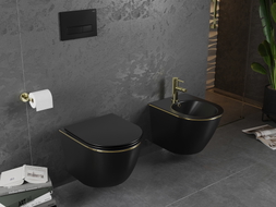 Mexen Lena wc-pott Rimless koos aeglaselt laskuva õhukese duroplastist kaanega, must matt/kuldne joon - 30224075