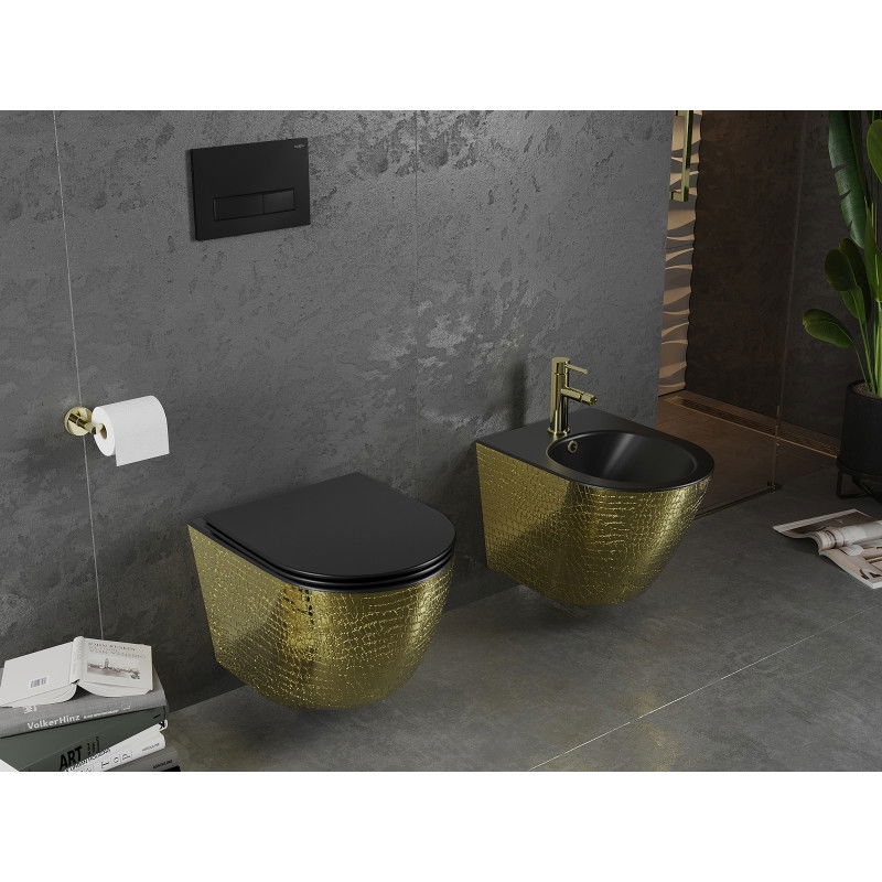 Mexen Lena sanitário wc Rimless com tampa de queda lenta slim, duroplasto, preto mate/padrón escamas dourado - 30224078