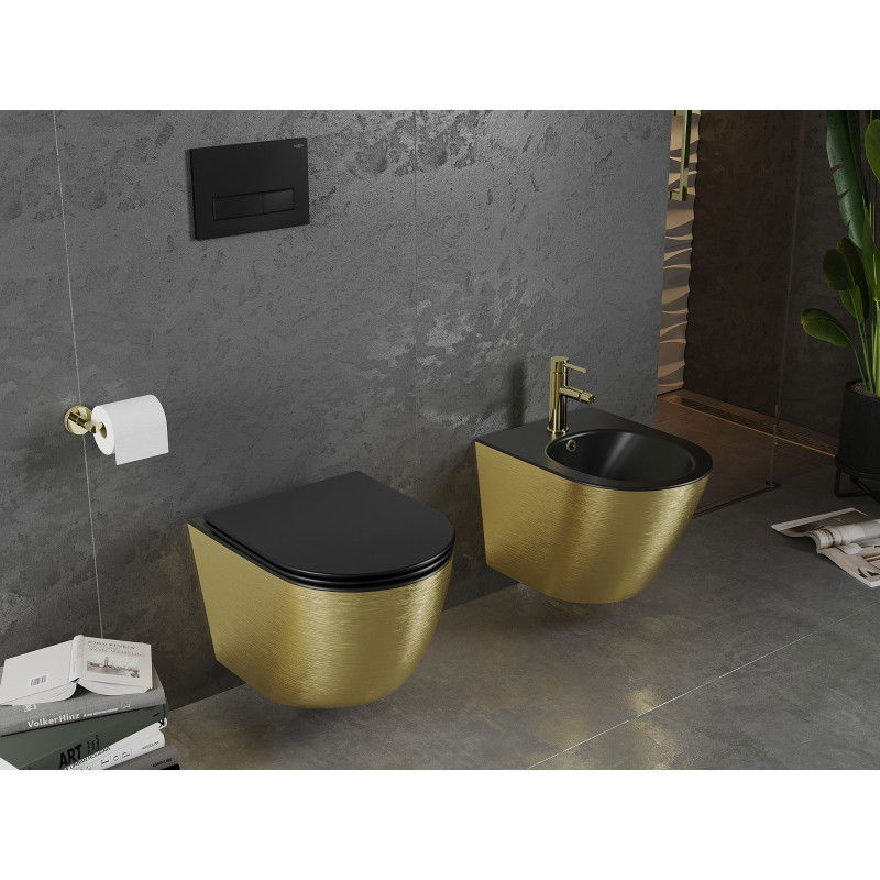 Mexen Lena Rimless WC-Schossel mat schwarzer/goldefaarwen Linnen Design mat lues ofzifallender Slim-Sëtzdeckel, Duroplast