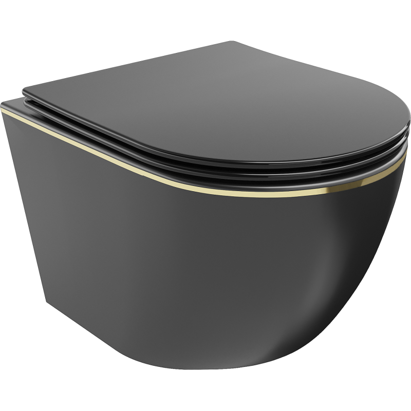Mexen Lena rimless WC-kulho hidastuvalla ohuella duroplast-istuinkannella, musta matta/kultainen raita - 30224075