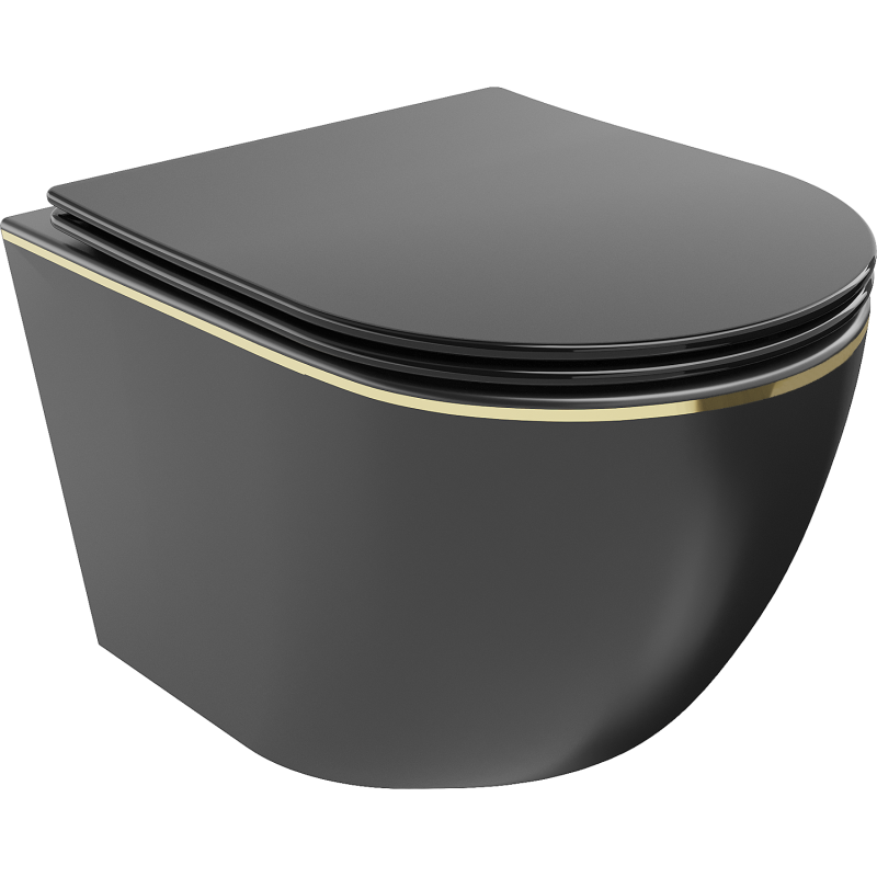 Mexen Lena wc-pot Rimless met langzaam sluitende slanke zitting, duroplast, mat zwart/gouden lijn - 30224075