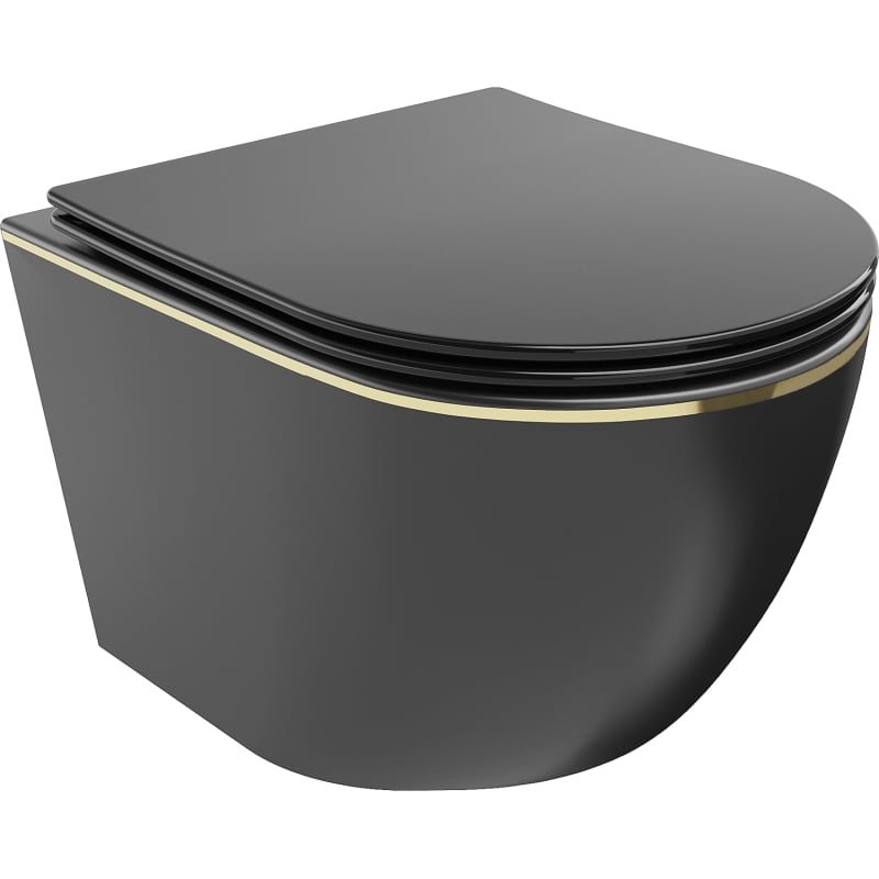 Mexen Lena wc suspendu Rimless avec abattant slim à descente progressive, duroplast, noir mat/ligne dorée - 30224075