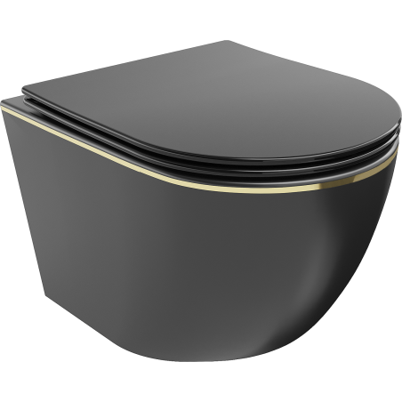 Mexen Lena taza de inodoro sin borde con asiento de cierre suave delgado, duroplast, negro mate/línea dorada - 30224075