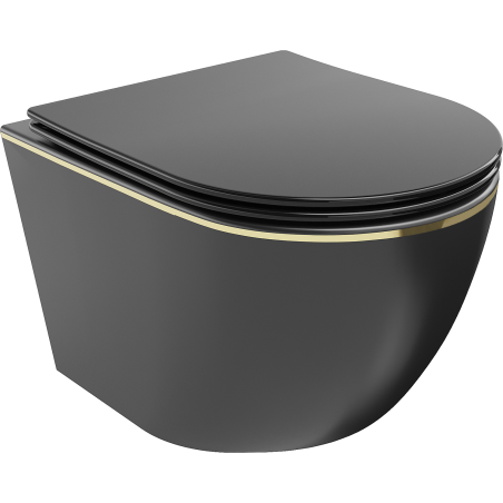 Mexen Lena WC-Schale Rimless mit softschließendem Slim-Sitz, Duroplast, schwarz matt/goldene Linie - 30224075