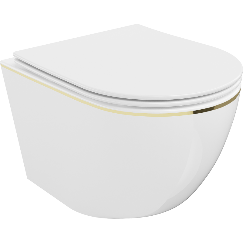 Mexen Lena cuvette WC sans rebord avec abattant à descente lente slim, duroplast, blanc/ligne dorée - 30224005