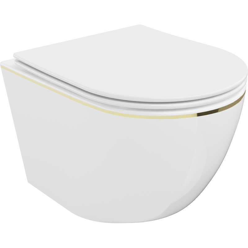 Mexen Lena inodoro sin reborde con asiento de cierre suave slim, duroplast, línea blanca/dorada - 30224005