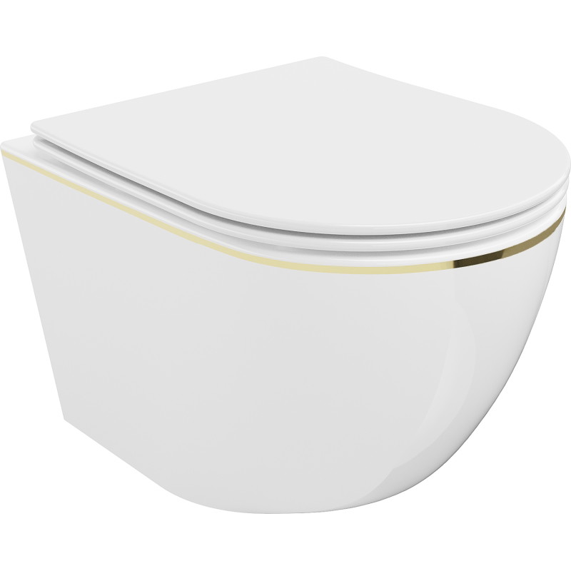 Mexen Lena WC-Schüssel Rimless mit langsam schließendem Slim-Sitz, Duroplast, weiß/goldene Linie - 30224005