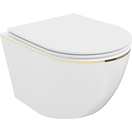 Mexen Lena inodoro sin reborde con asiento de cierre suave slim, duroplast, línea blanca/dorada - 30224005