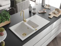 Mexen Matias Granitspüle 1,5-Becken mit Abtropffläche 900 x 505 mm, weiß, goldener Siphon - 6502901505-20-G