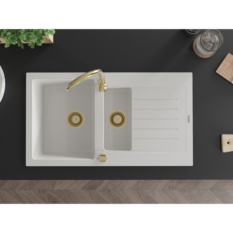 Mexen Matias lavello in granito 1,5 vasche con sgocciolatoio 900 x 505 mm, bianco, sifone dorato - 6502901505-20-G