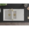 Mexen Matias Granitspüle 1,5-Becken mit Abtropffläche 900 x 505 mm, weiß, goldener Siphon - 6502901505-20-G