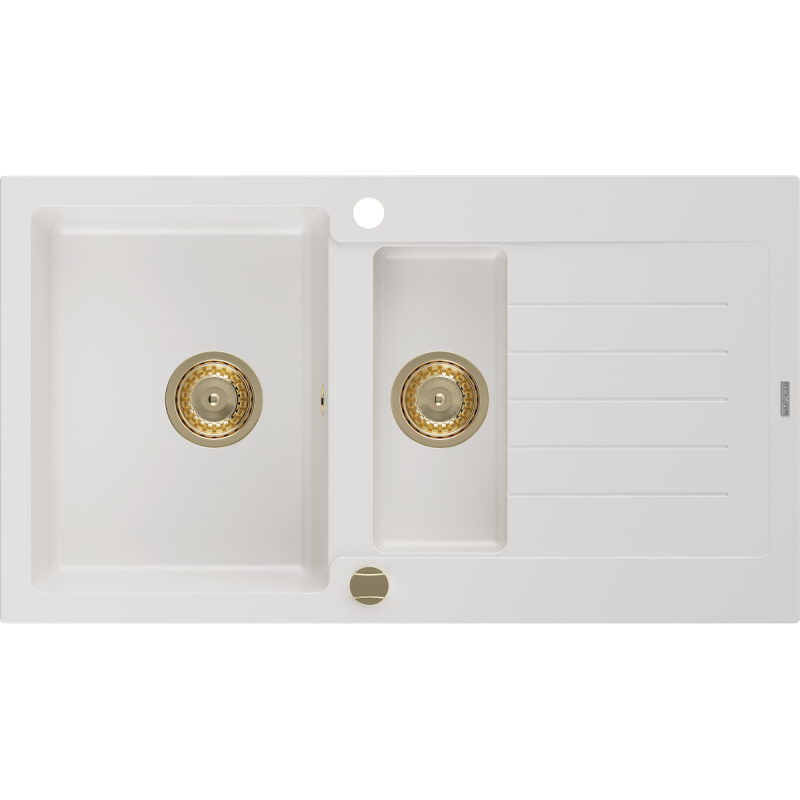 Mexen Matias lavello in granito 1,5 vasche con sgocciolatoio 900 x 505 mm, bianco, sifone dorato - 6502901505-20-G