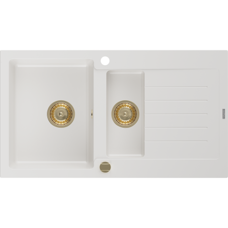 Mexen Matias fregadero de granito 1,5 tazones con escurridor 900 x 505 mm, blanco, sifón dorado - 6502901505-20-G