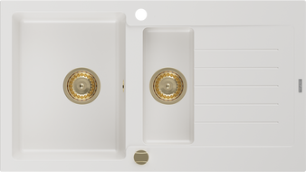 Mexen Matias lavello in granito 1,5 vasche con sgocciolatoio 900 x 505 mm, bianco, sifone dorato - 6502901505-20-G