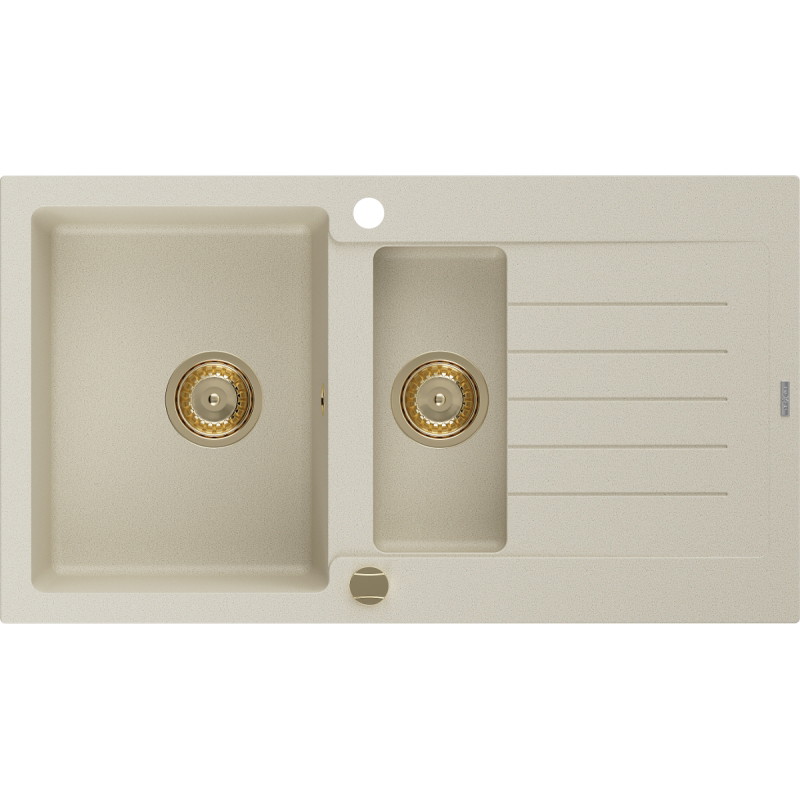 Mexen Matias fregadero de granito de 1,5 tazones con escurridor de 900 x 505 mm, beige, sifón dorado - 6502901505-69-G