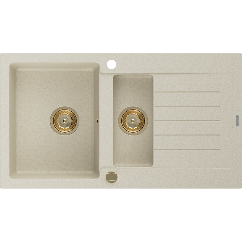 Mexen Matias granitische gootsteen 1,5-komoren met afdruiprek 900 x 505 mm, beige, gouden sifon - 6502901505-69-G
