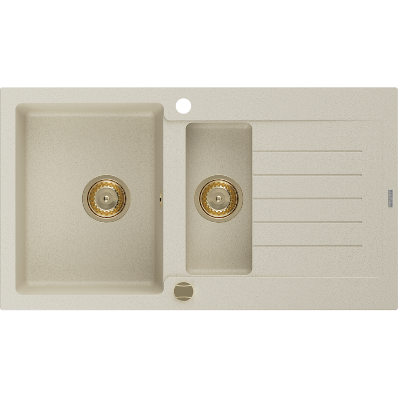 Mexen Matias Granitspüle 1,5-beckig mit Abtropffläche 900 x 505 mm, beige, Siphon gold - 6502901505-69-G