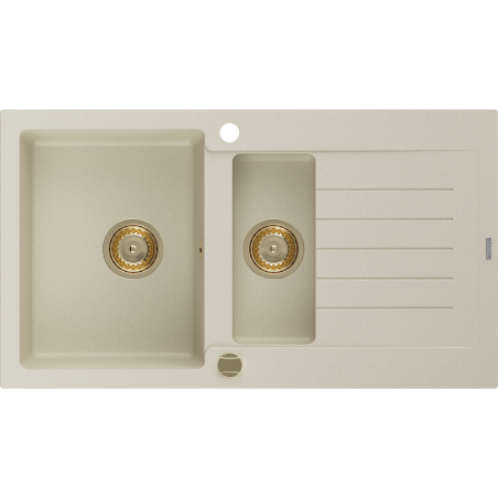 Mexen Matias lavello in granito 1,5 vasche con gocciolatoio 900 x 505 mm, beige, sifone dorato - 6502901505-69-G