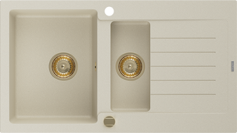 Mexen Matias lavello in granito 1,5 vasche con gocciolatoio 900 x 505 mm, beige, sifone dorato - 6502901505-69-G