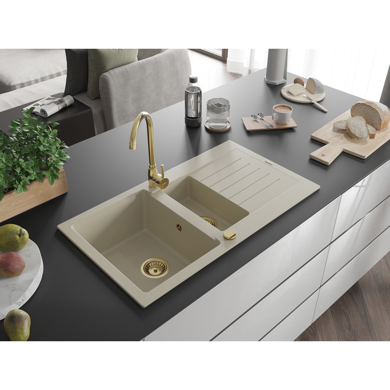 Mexen Matias fregadero de granito de 1,5 senos con escurridor 900 x 505 mm, beige, sifón dorado - 6502901505-69-G