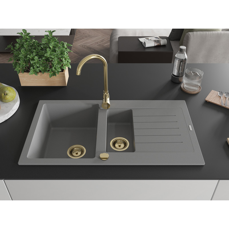 Mexen Matias fregadero de granito de 1,5 senos con escurridor 900 x 505 mm, gris, sifón dorado - 6502901505-71-G