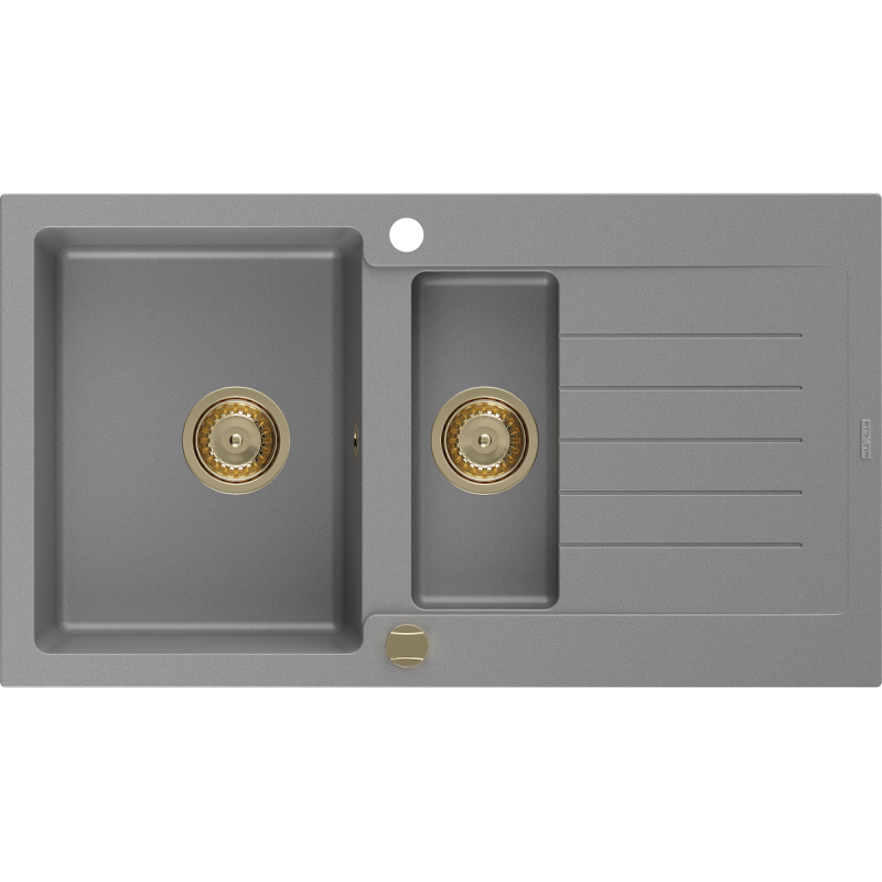 Mexen Matias fregadero de granito 1,5 cubetas con escurridor 900 x 505 mm, gris, sifón dorado - 6502901505-71-G