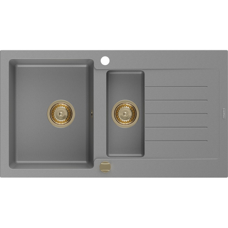 Mexen Matias fregadero de granito con escurridor de 1,5 senos 900 x 505 mm, gris, sifón dorado - 6502901505-71-G