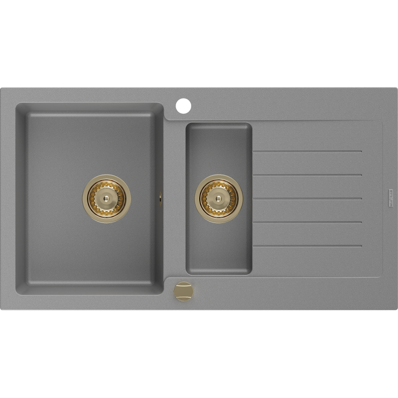 Mexen Matias granieten gootsteen 1,5-comprimeer met afdruiprek 900 x 505 mm, grijs, gouden sifon - 6502901505-71-G