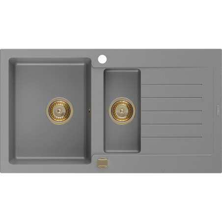Mexen Matias granieten gootsteen 1,5-comprimeer met afdruiprek 900 x 505 mm, grijs, gouden sifon - 6502901505-71-G