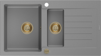 Mexen Matias granieten gootsteen 1,5-comprimeer met afdruiprek 900 x 505 mm, grijs, gouden sifon - 6502901505-71-G