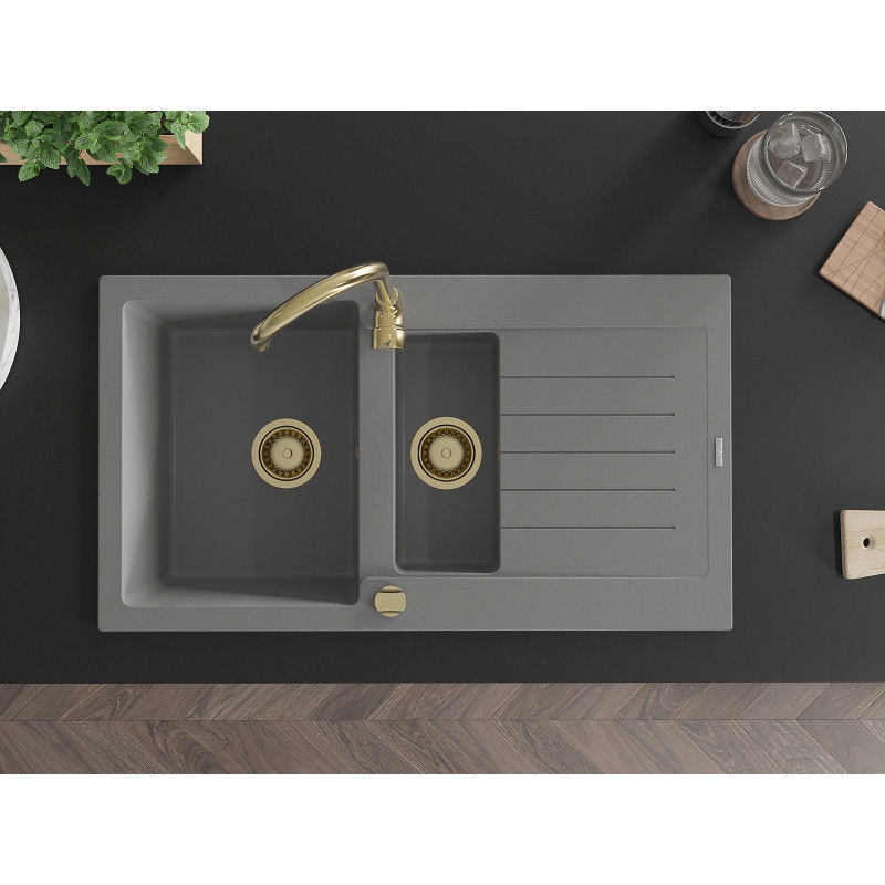 Mexen Matias lavello in granito 1,5 vasche con sgocciolatoio 900 x 505 mm, grigio, sifone dorato - 6502901505-71-G