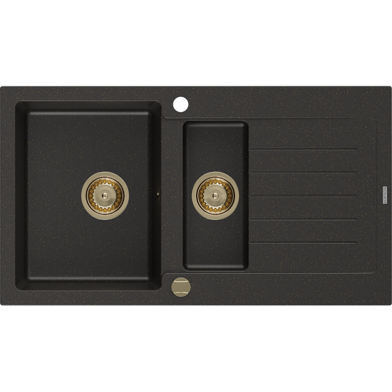 Mexen Matias fregadero de granito de 1,5 cubetas con escurridor 900 x 505 mm, negro/dorado metálico, sifón dorado