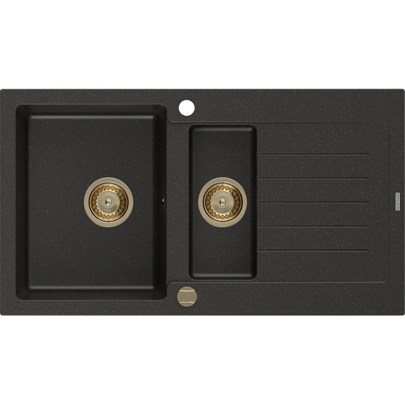 Mexen Matias lavello in granito 1,5 vasca con scolapiatti 900 x 505 mm, nero/oro metallizzato, sifone oro - 6502901505-75-G