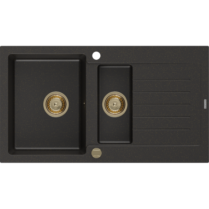 Mexen Matias lavello in granito 1,5 vasche con gocciolatoio 900 x 505 mm, nero/oro metallico, sifone oro - 6502901505-75-G