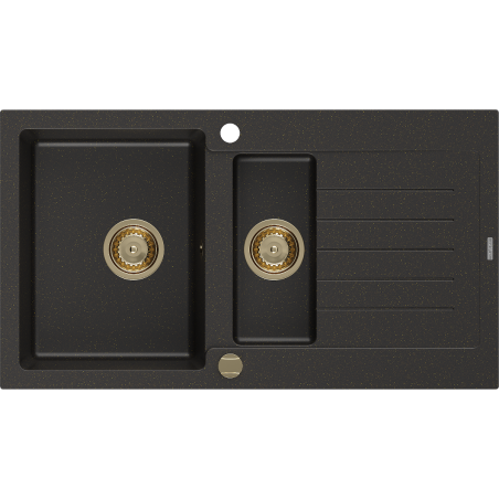 Mexen Matias fregadero de granito de 1,5 cubetas con escurridor 900 x 505 mm, negro/dorado metálico, sifón dorado