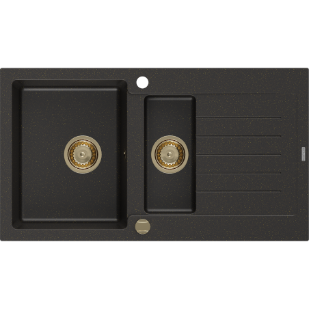 Mexen Matias Granitspüle 1,5-Becken mit Abtropffläche 900 x 505 mm, Schwarz/Gold Metallic, Goldener Siphon - 6502901505-75-G