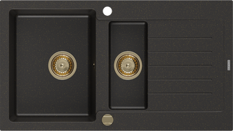 Mexen Matias lavello in granito 1,5 vasche con gocciolatoio 900 x 505 mm, nero/oro metallico, sifone oro - 6502901505-75-G