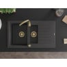 Mexen Matias Granitspüle 1,5 Becken mit Abtropffläche 900 x 505 mm, schwarz gesprenkelt, goldener Siphon - 6502901505-76-G