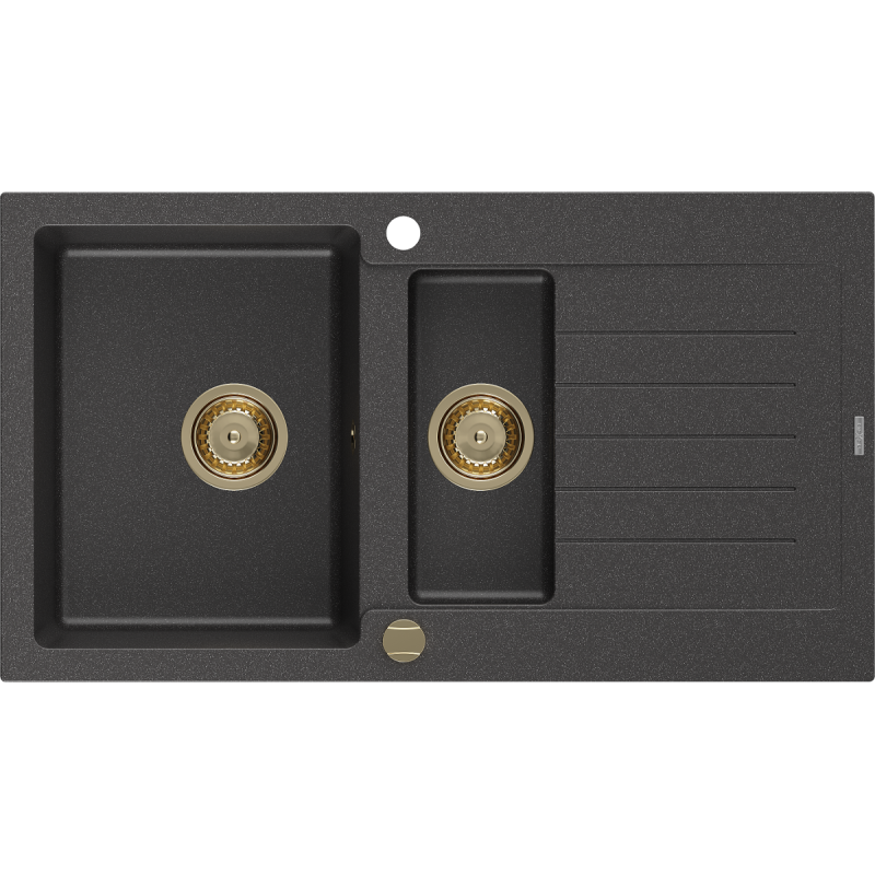 Mexen Matias fregadero de granito de 1,5 cubetas con escurridor 900 x 505 mm, negro moteado, sifón dorado - 6502901505-76-G