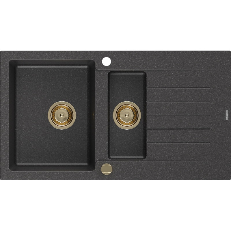 Mexen Matias granitische gootsteen 1,5-komors met druiprek 900 x 505 mm, zwart gespikkeld, gouden sifon - 6502901505-76-G